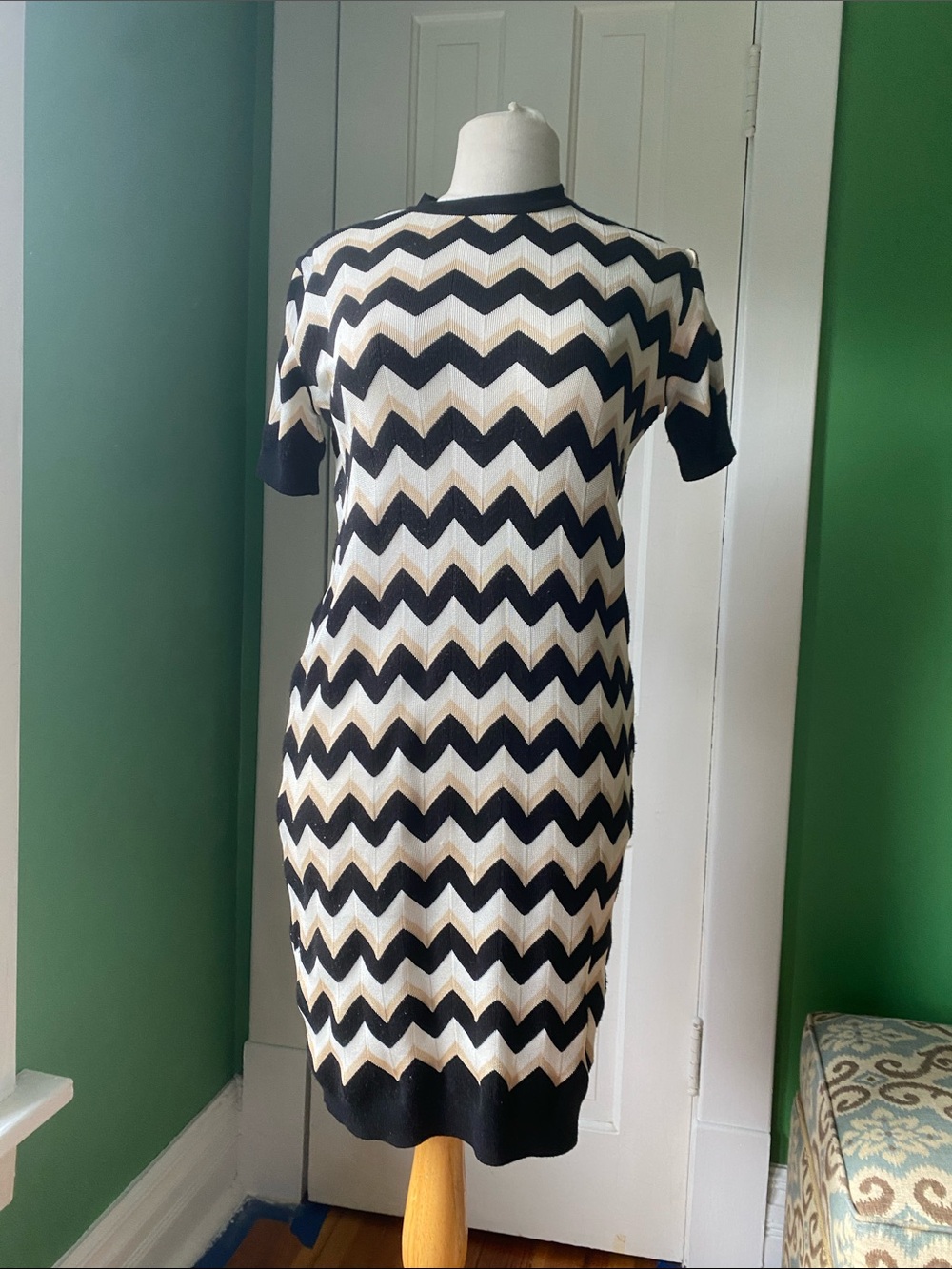 Missoni Black, Cream & Gold Chevron Knit Midi Dress